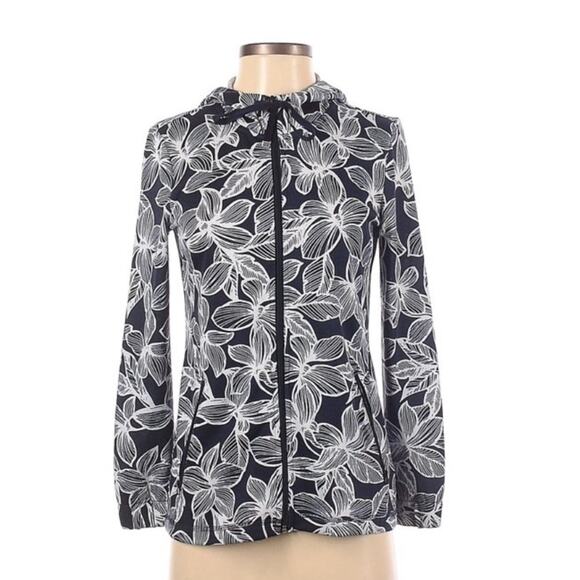 T by Talbots Hooded Zip Up Navy & White Floral Hoodie Top Size Small Petite - Picture 1 of 8